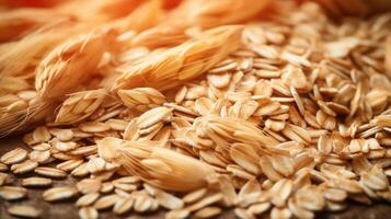 Close-up of oats, showcasing texture and color. photo
