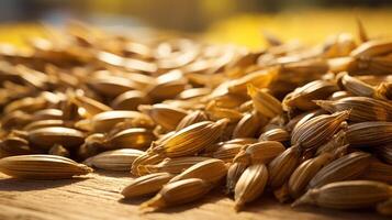 Close-up of barley grains, golden texture, rustic feel. photo