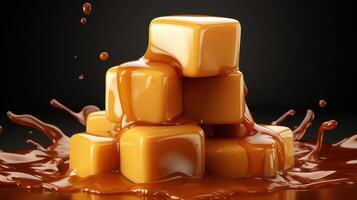Stacked caramel squares submerged in flowing caramel sauce. photo
