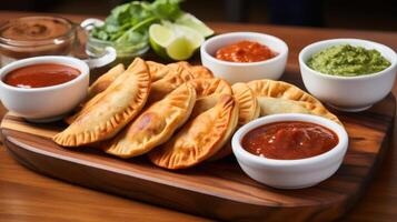 Delicious empanadas served with vibrant sauces and fresh herbs. photo