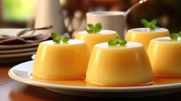 Mango puddings garnished with mint on a plate. photo