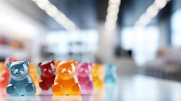 Colorful gummy bears lined up in a row. photo