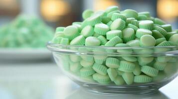 Pile of green candies in a glass bowl. photo