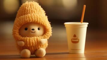 Cute hedgehog plush toy with a paper cup. photo