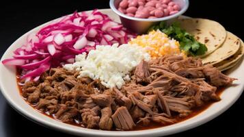 Delicious carnitas platter with toppings and tortillas. photo