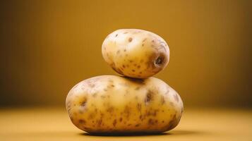 Two potatoes stacked on a yellow background. photo
