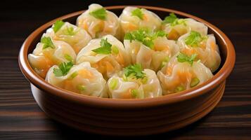 Steaming hot shrimp dumplings in a ceramic bowl. photo
