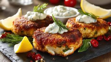 Delicious crab cakes with lemon and dill sauce. photo