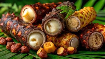 Chocolate truffles with hazelnut filling, presented on palm leaves. photo