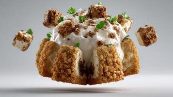 Deconstructed dessert with cream and crumble, floating in air. photo