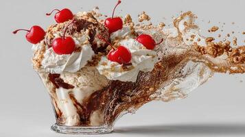 Ice cream sundae with a dramatic chocolate sauce splash. photo