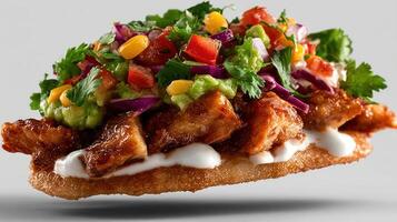 Crispy fish taco with vibrant salsa and creamy sauce. photo
