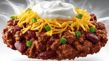 Delicious chili bowl with cheese and sour cream. photo