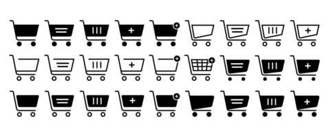 Black Shopping cart icon set in minimal modern style, Shop, Purchase, Buy and E-marketing graphic elements for App, Web and illustration, Add buttons, Web icon, Editable. vector