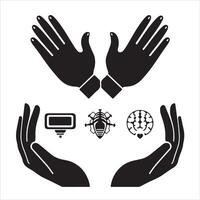 Hands holding a computer, a brain and a heart vector
