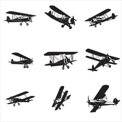 Set of vintage biplane icons illustration