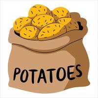 Burlap sack filled with unpeeled potatoes . Hearty farm produce artwork ideal for farmer market graphics, cookbook illustrations, and sustainable food campaigns. vector