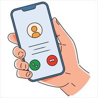 Human hand holding mobile phone receiving incoming call. Flat icon of unknown caller with answer or decline buttons, clean white background ideal for communication themes. vector