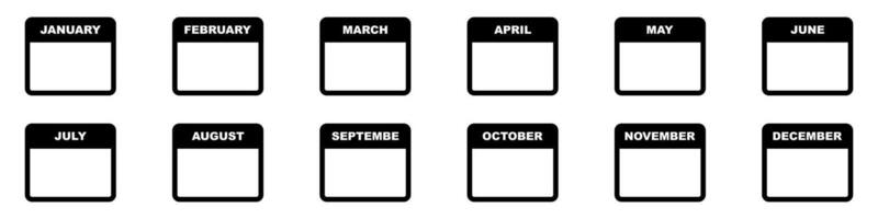 Blank calendar page. Monthly templates. Month list. Twelve month layout. Each month graphic. Empty calendar. Black and white. Fillable month blocks. Year planner. vector