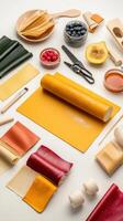Various types of pasta and other food items laid out on a table photo