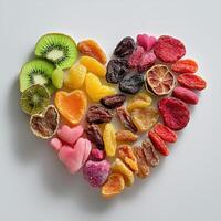 A heart shaped arrangement of fruit and vegetables photo