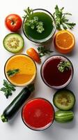 Various juices and vegetables in bowls photo