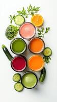 A variety of juices and vegetables arranged in bowls photo