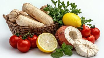 A basket with various vegetables and herbs photo