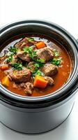 Beef stew in a slow cooker photo