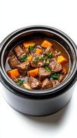 Beef stew in a black bowl photo