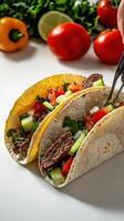 A person holding a fork over two tacos on a table photo
