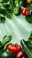 Vegetables and fruits frame on green background photo