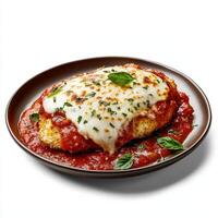A plate with a chicken parmesan covered in sauce photo