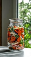 A jar filled with carrots and fish photo
