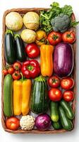 A basket full of vegetables on a white background photo
