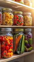 A pantry filled with jars of vegetables photo
