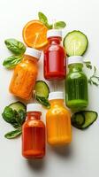 Five bottles of juice with cucumbers, tomatoes and other vegetables photo