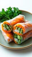 A plate with several spring rolls and vegetables photo