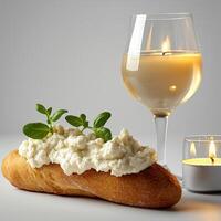 A bread with cheese and a glass of wine photo