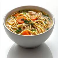 A bowl of noodles and vegetables on a white surface photo