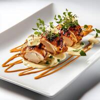 A plate with chicken and sauce on it photo