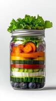 A jar filled with vegetables and fruit photo