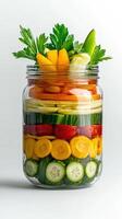 A jar filled with vegetables and herbs photo