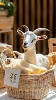 A goat is sitting in a basket with cheese photo