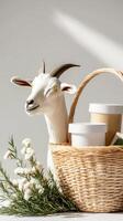A goat is sitting next to a basket with coffee cups photo