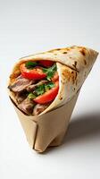 A wrap with meat and vegetables in a paper container photo