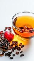 A bowl of liquid with dried fruit and seeds photo