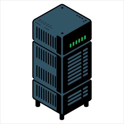 Modern server rack illustration.Detailed data center setup with computer hardware, network storage, and tech equipment for IT themes.
