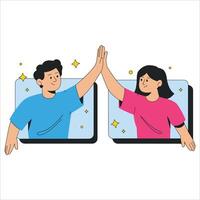 Man and girl high five in call. Online communication , great for social media and remote work themes. vector