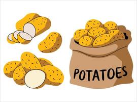 Sack of potatoes with slices illustration. Fresh agricultural product and versatile cooking ingredient artwork for farm and kitchen themes. vector